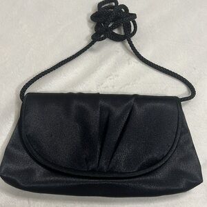 Small Satin Clutch Baguette Shoulder Bag Black 8" x 4" Gathered 21" Strap Drop